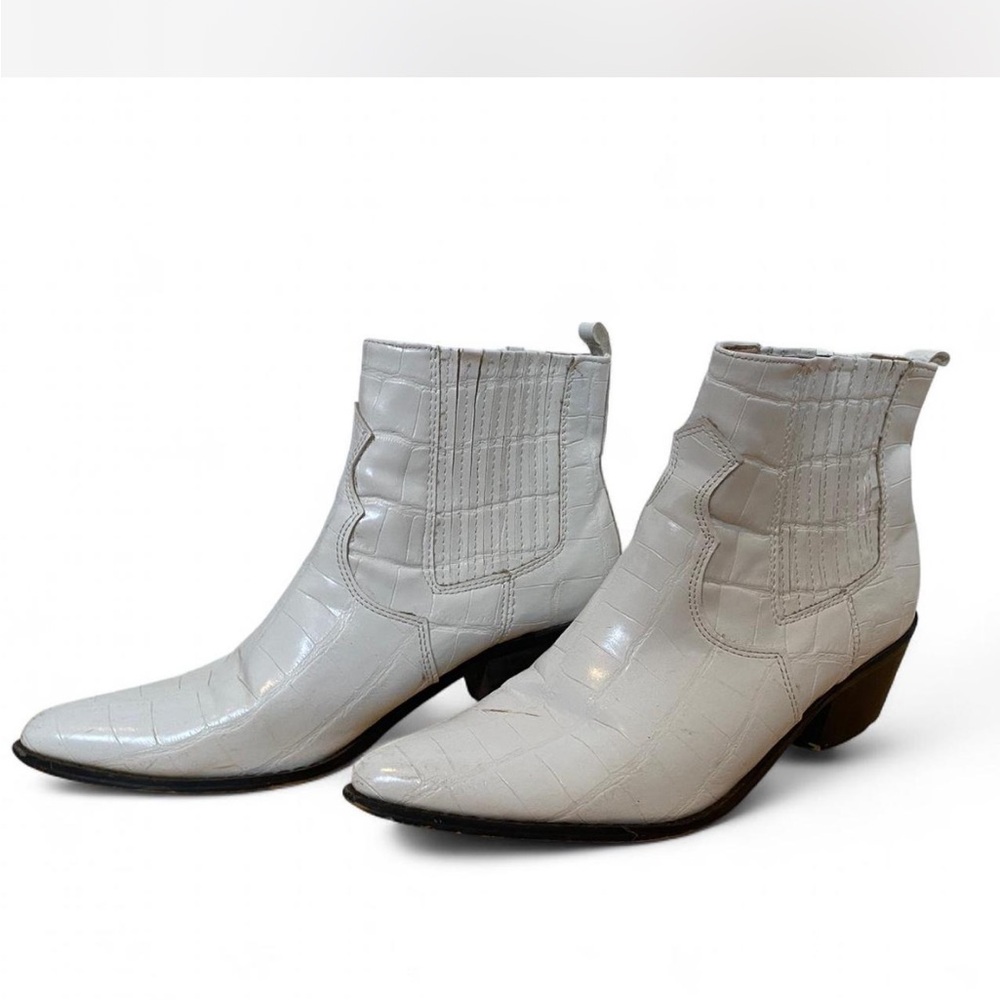 White Croc-Embossed Ankle Boots